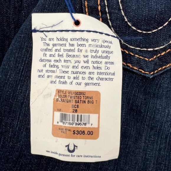 True Religion Straight Satin Big T Jeans Size 28 Dark Wash USA Made Low Rise - Picture 16 of 16